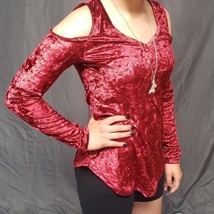 Cute Red Velvety Soft Cutout Shoulder Top